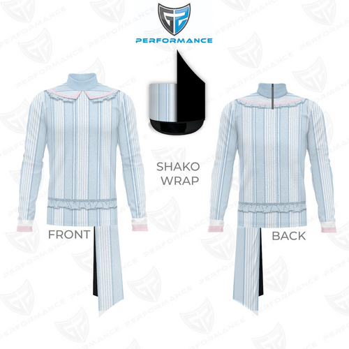 Front and back views of a long-sleeve performance jersey with light blue and white vertical stripes, pink trim, ruffle accents across the chest and waist, a mock neck collar, and a matching light blue striped shako wrap.