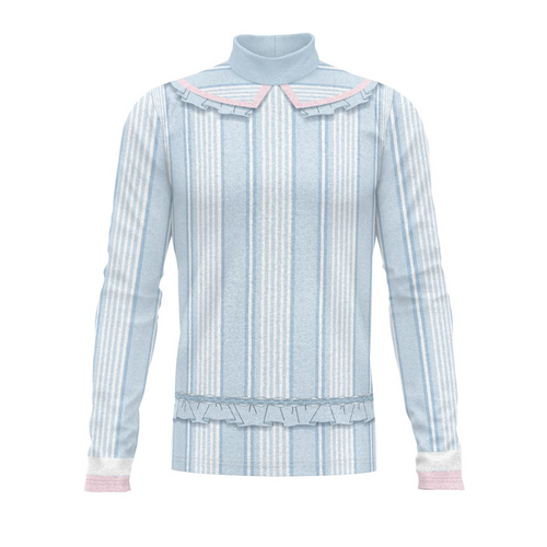 A digital print of a show top with vertical blue and white stripes, featuring a turtleneck and long sleeves, with pink and white trim around the neckline and cuffs.