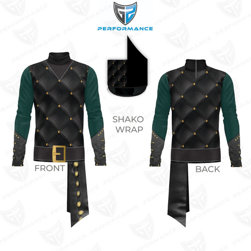 Front and back views of a long-sleeve performance jersey with a black quilted leather-look body, dark green sleeves, gold stud accents, a printed belt design on the front, and a matching black shako wrap.