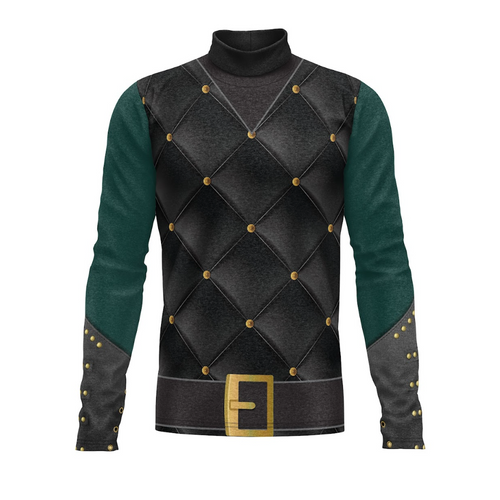 A digital print of a show top with a patterned design featuring a combination of black and green colors, with a belt buckle detail at the bottom.