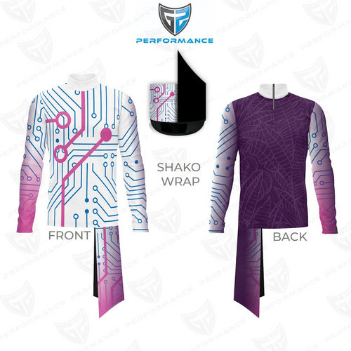 Front and back views of a long-sleeve performance jersey with a white front featuring blue and pink circuit graphics, a purple back with a subtle leaf pattern, matching gradient sleeves, a white zip collar, and a coordinating shako wrap.