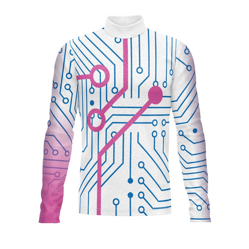 A digital print show top with a circuit board pattern in blue and pink on a white background, featuring a high collar.
