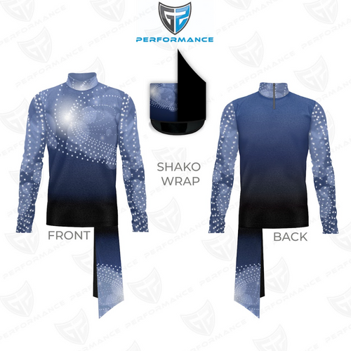 Front and back views of a long-sleeve performance shako wrap featuring a blue-to-black gradient with a white galaxy-inspired dotted print, high mock neck, wrap panels, and a short back zipper, displayed on a white background.