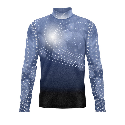 A digital print of a blue and black long-sleeved turtleneck with a geometric pattern