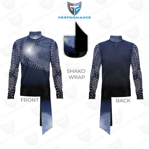 Front and back views of a long-sleeve performance shako wrap featuring a navy-to-black gradient with a galaxy-inspired digital dot pattern in white and light blue. The design includes a high mock neck, wrap panels, and a short back zipper, displayed on a white background with the Performance logo.
