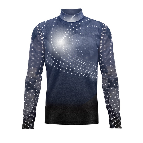 A digital print show top with a geometric pattern featuring a combination of dark and light blue colors and dots.