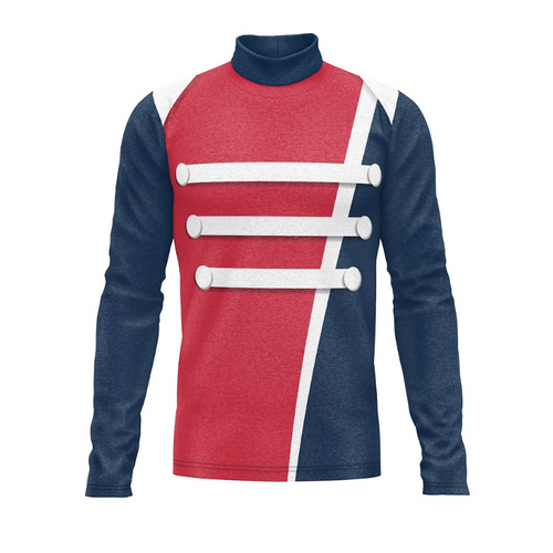 A marching band uniform top with a red, white, and blue color scheme, featuring a turtleneck design and decorative white buttons.