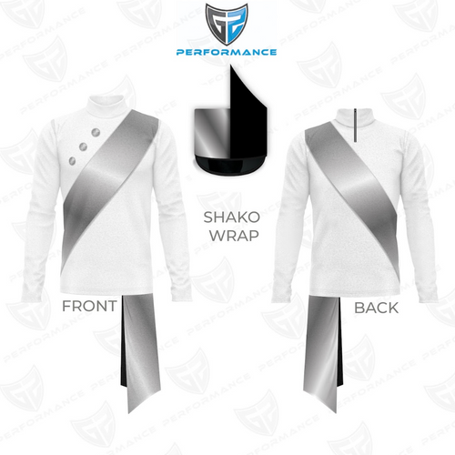 A digital print show top for marching bands, displaying the front and back views with a shako wrap, in white with silver accents. G2 Performance