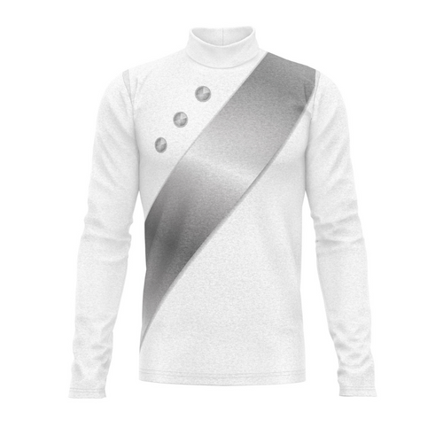 A white long-sleeved performance top with a grey diagonal stripe design and buttons at the neck area. G2 Performance
