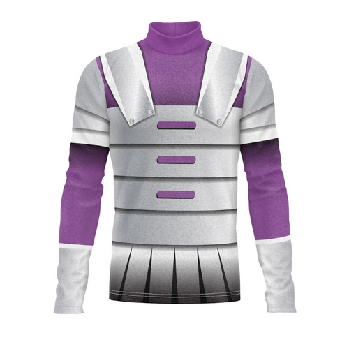 A digital print of a percussion uniform top with a high collar, featuring purple and gray colors with white accents, designed for marching bands or performance groups. G2 Performance