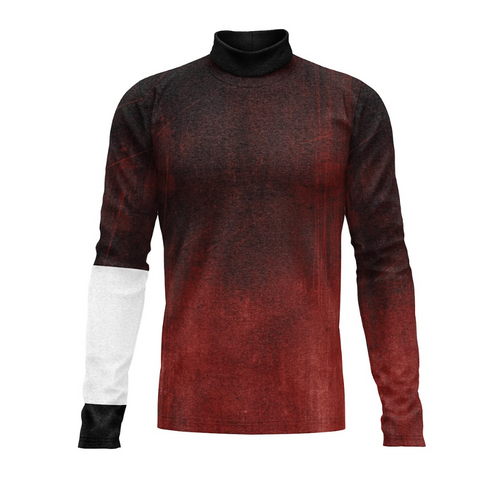 A digital print show top with a turtleneck design, featuring a gradient of red to black with a white sleeve detail. G2 Performance