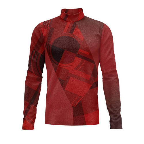 A red turtleneck performance top with a geometric pattern