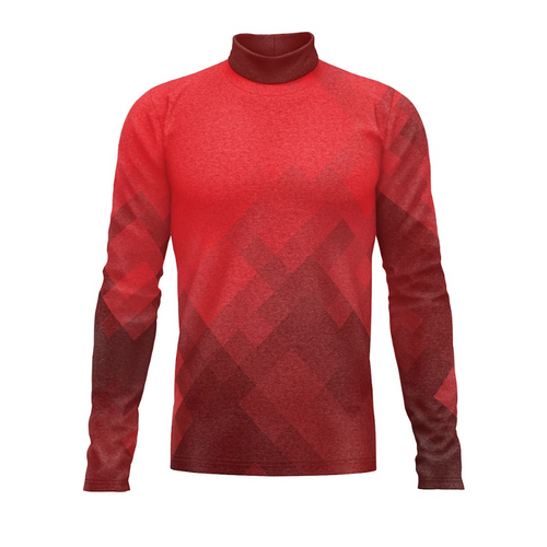 A red turtleneck performance top with a geometric pattern.