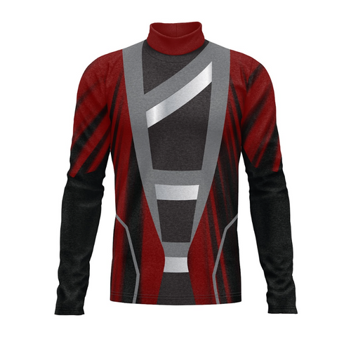 A digital print show top with a high neck, featuring a geometric pattern in red, black, and gray colors, designed for performance uniforms.