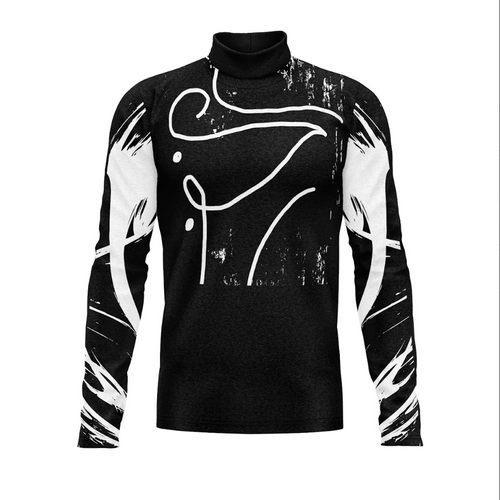A black long-sleeved turtleneck uniform top with white textile design elements and a digital print.