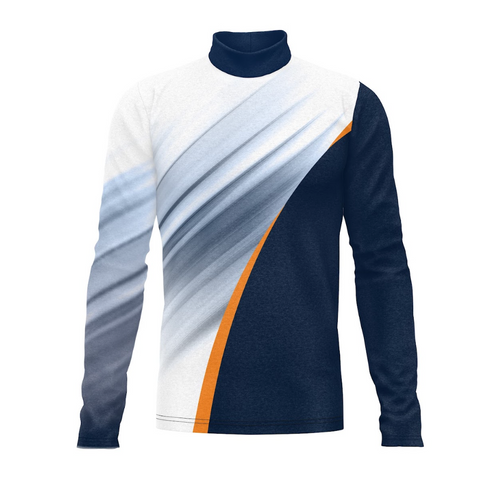 A digital print show top with a high neck, featuring a geometric pattern in white, blue, and orange colors.