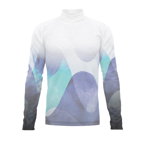 A long-sleeved turtleneck uniform top with a geometric pattern in shades of blue and white.