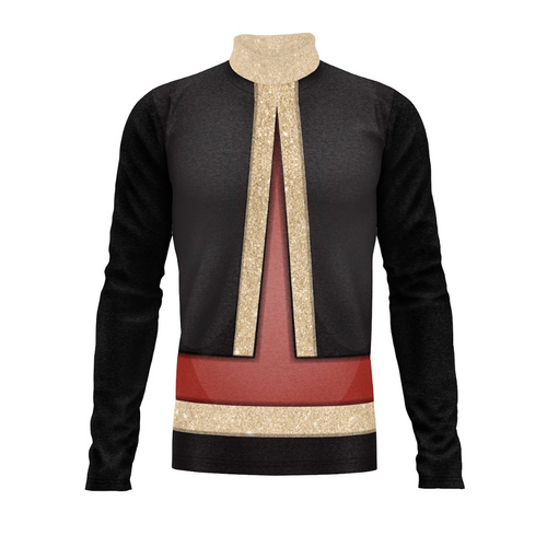 A digital print show top with a round neckline, long sleeves, and decorative detailing, primarily in black, red, and gold colors.