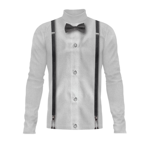 A digital print of a show top for indoor and outdoor use, featuring a white shirt with a bow tie and suspenders, designed for performance uniforms.