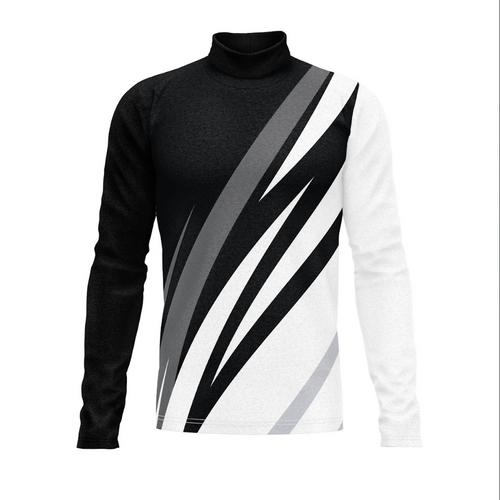 A long-sleeved turtleneck performance top with black, white, and gray geometric patterns.
