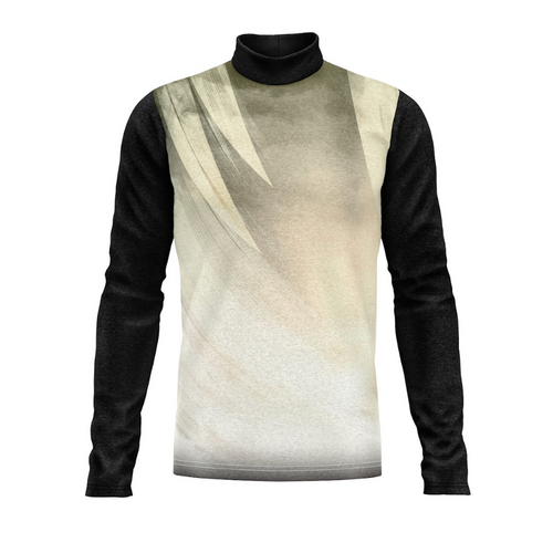 A digital print show top with a high neck, featuring a abstract design in shades of gray and white on a black background.