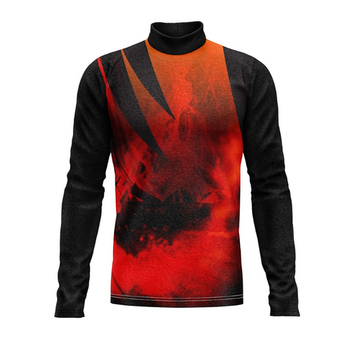 A digital print show top with a high neck, featuring a vibrant red and black color scheme.
