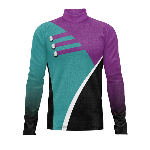 A digital print show top for marching bands with geometric patterns in purple, black, and teal colors, featuring a high neck and long sleeves.