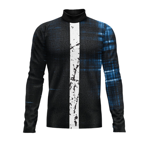 A digital print show top with a high neck, featuring a geometric pattern with black, white, and blue colors.