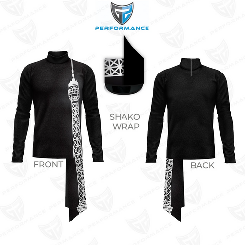 Front and back views of a black performance uniform featuring a white geometric tower-like graphic, matching patterned pants, and a coordinating black-and-white shako hat.
