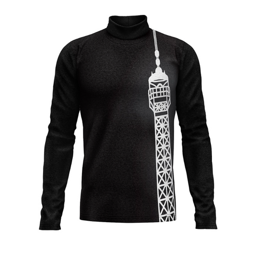 A black turtleneck long-sleeved shirt with a digital print of a tall structure on the front side.