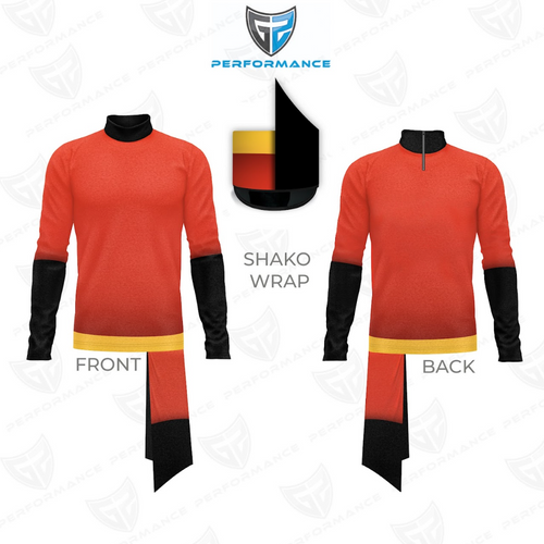 Front and back views of a red performance uniform with black sleeves and accents, gold trim, matching red-and-black pants, and a coordinating red, gold, and black shako hat.
