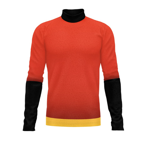 A digital print of a show top for uniforms, featuring a red body with black sleeves and yellow trim at the bottom, designed for indoor and outdoor performances.