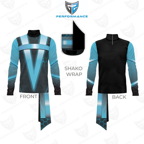 Front and back views of a black-and-cyan performance uniform with a honeycomb-patterned design, bold cyan accents, gradient sleeves, matching pants, and a coordinating shako hat.