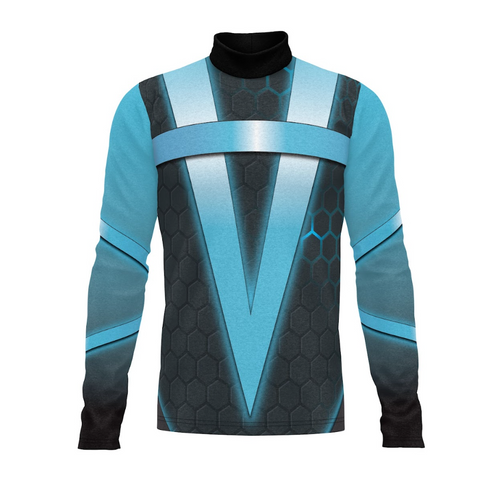 A digital print show top with a geometric pattern in blue and black colors, designed for performance uniforms.