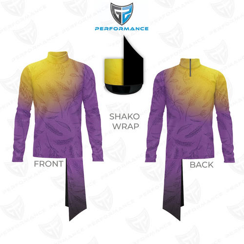 Front and back views of a purple-and-yellow gradient performance uniform with delicate botanical line patterns, long sleeves, matching patterned pants, and a coordinating yellow-and-purple shako hat.