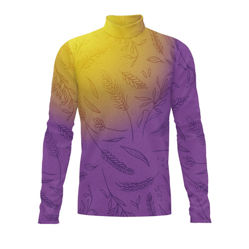 A long-sleeved turtleneck performance top with a geometric pattern in yellow and purple colors, designed for indoor and outdoor activities.