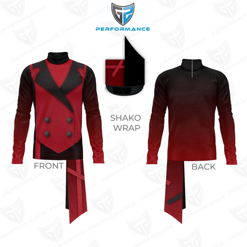 Front and back views of a red-and-black performance uniform with a tailored double-breasted front, black diagonal accents, long sleeves, matching red-and-black pants, and a coordinating shako hat.
