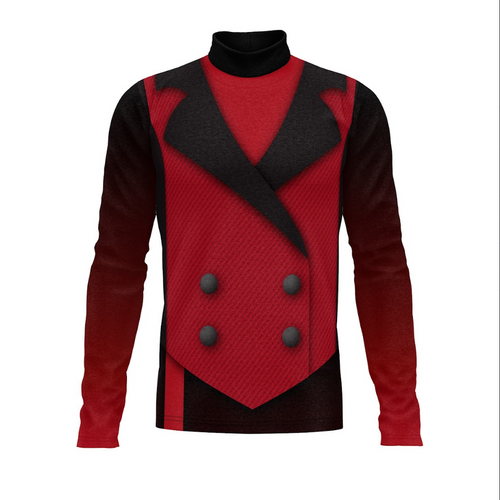 A digital print of a show top for indoor and outdoor performances featuring a red and black color scheme with a turtleneck and double-breasted button design.