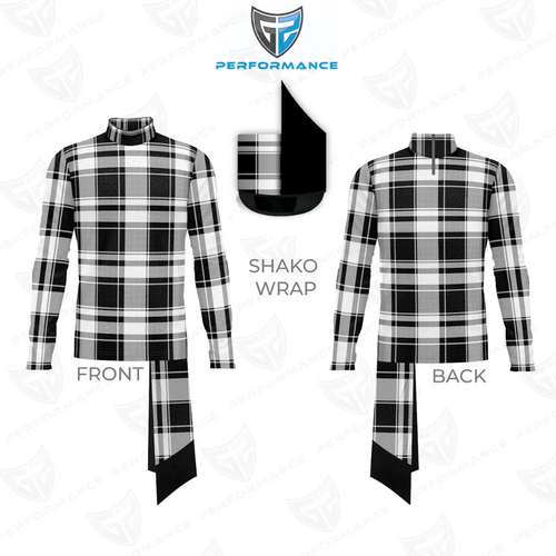 Front and back views of a black-and-white plaid performance uniform with a high collar, matching plaid pants, and a coordinating plaid shako hat.
