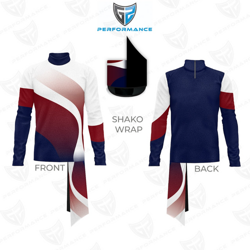 Front and back views of a navy blue, white, and red performance uniform with sweeping curved color-block accents, matching patterned pants, and a coordinating navy shako hat.