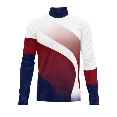 A long-sleeved turtleneck performance top with geometric pattern in red, white, and blue colors.