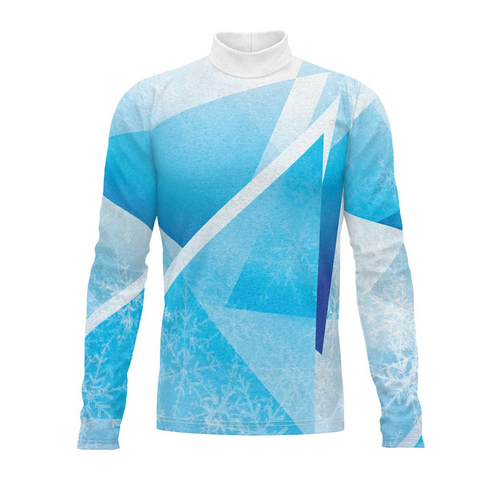 A long-sleeved digital print show top featuring a geometric pattern in blue tones, designed for performance uniforms.