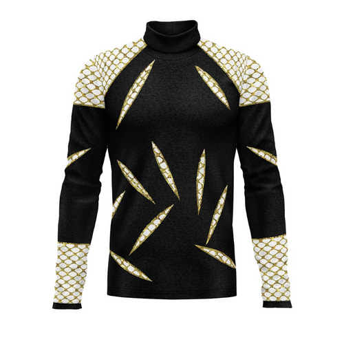 A digital print show top with a high neck, featuring black fabric with a geometric pattern in gold.