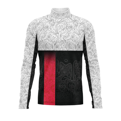 A digital print show top with a combination of white floral patterns on the top, a solid black panel in the middle, and a red panel on the bottom.