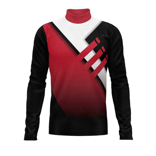 A digital print show top with a high neck, featuring a geometric pattern in red, white, and black colors, designed for performance uniforms.