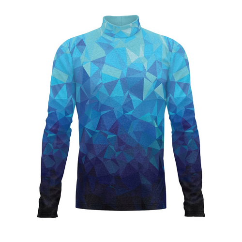 A geometric patterned long-sleeved turtleneck uniform top in shades of blue.