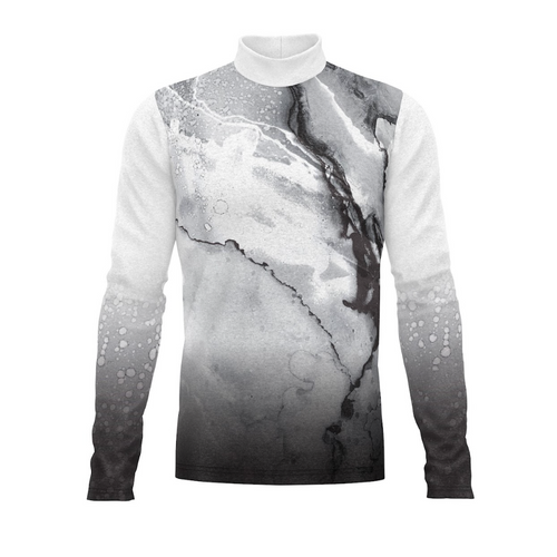 A long-sleeved turtleneck uniform top with a geometric pattern in black, white, and gray colors.