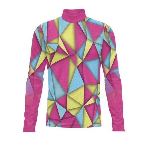 A long-sleeved turtleneck uniform top with a geometric pattern in multiple colors.