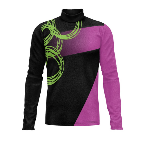A long-sleeved turtleneck uniform top with black, purple, and green solid colors and geometric patterns.