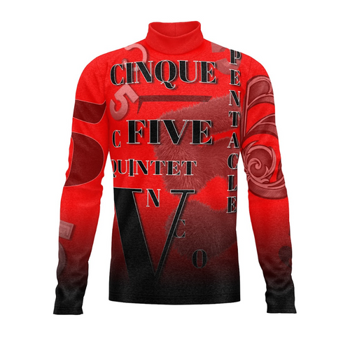 A digital print of a red and black long-sleeved band uniform top with text and graphic elements.